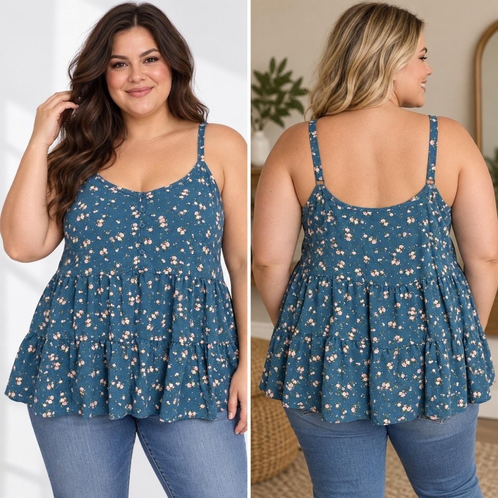 Torrid Babydoll Top Women's 1 1X Blue Floral Tank Plus Swing Boho Cottagecore
